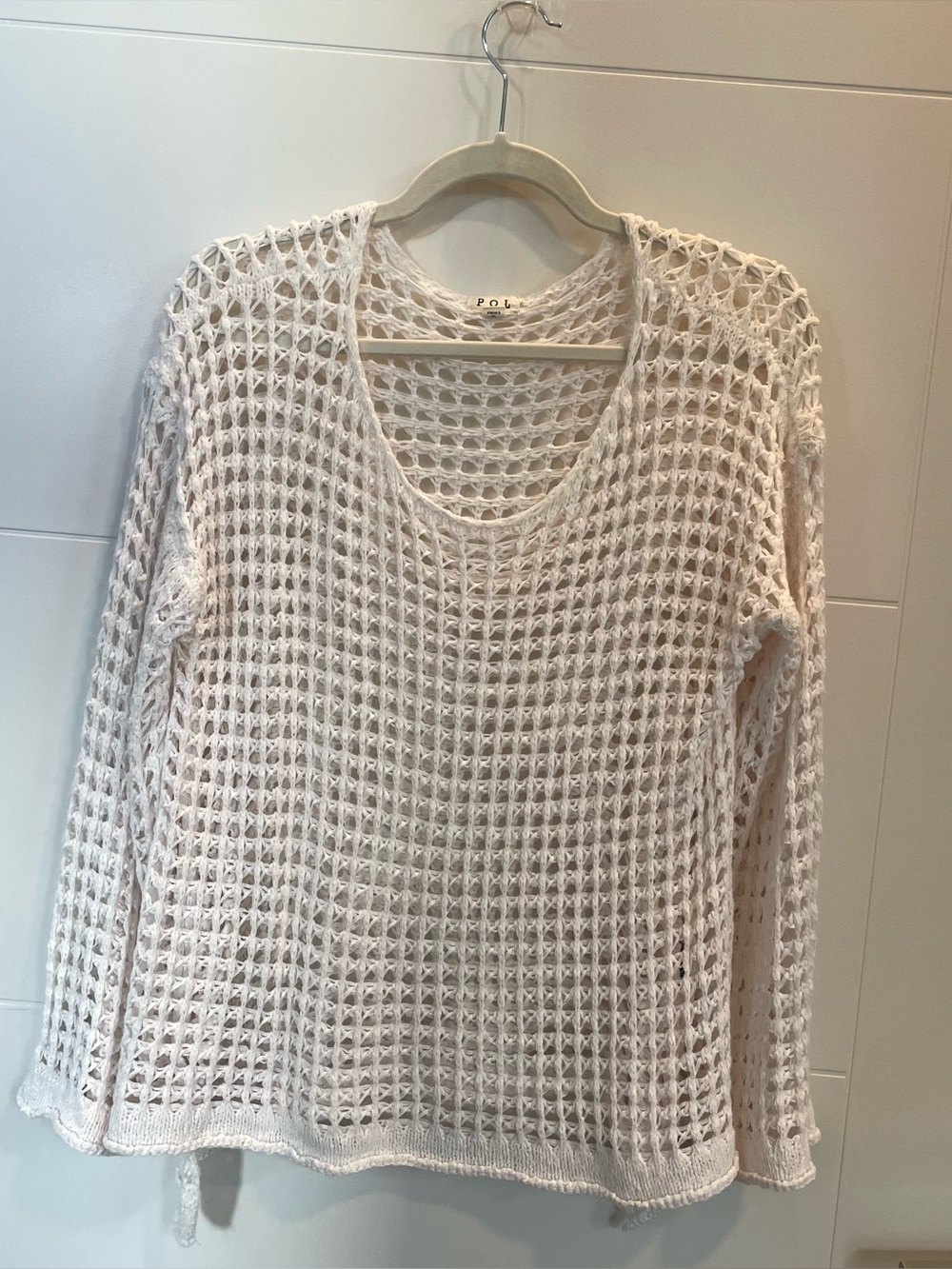 POL Open-Knit Long Sleeve Pullover in White, S/M